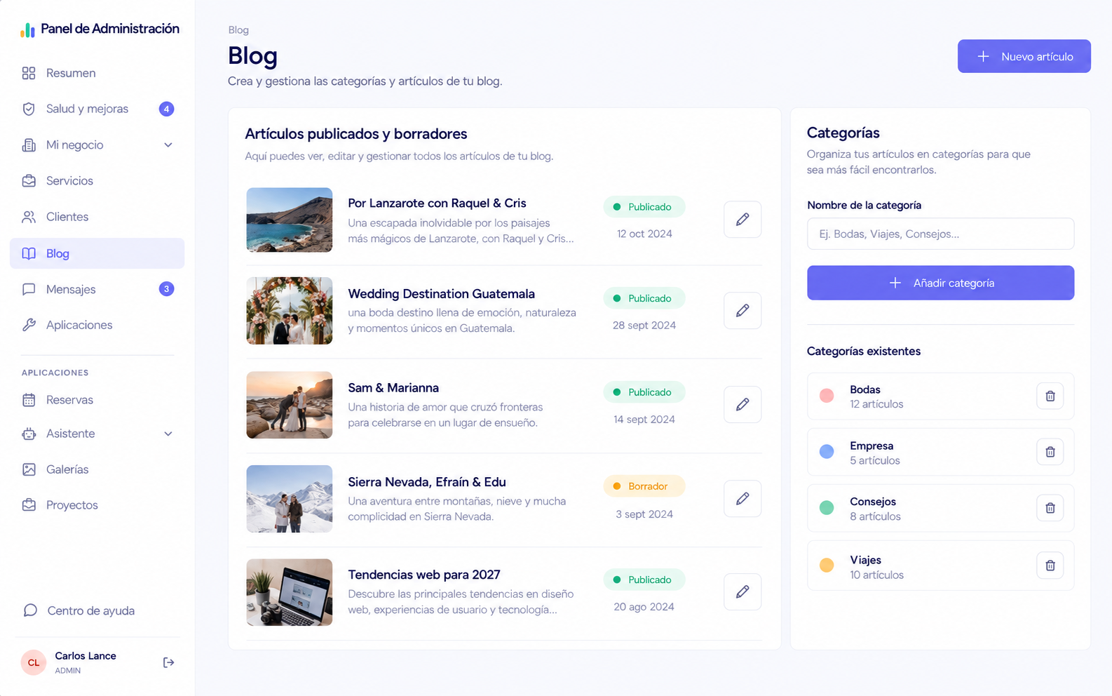 Vista del módulo: Blog y categorías