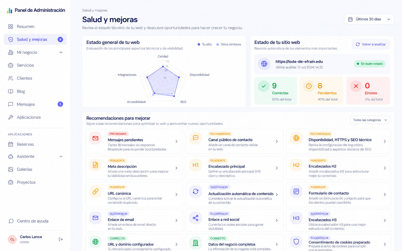 Vista del módulo: Salud web y SEO