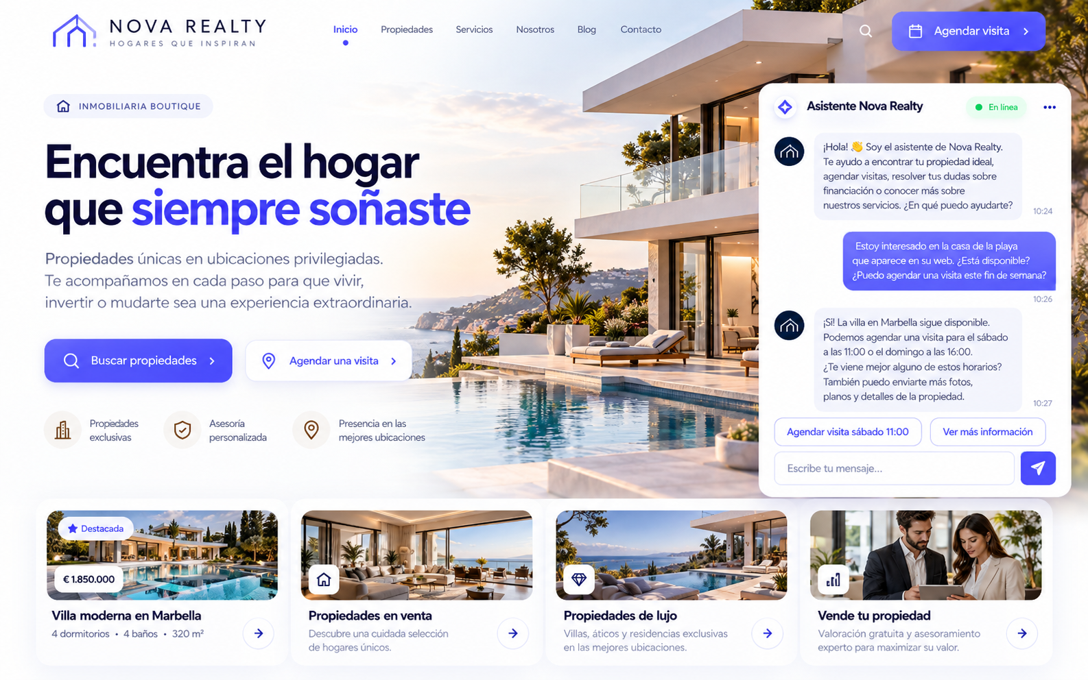 Web inmobiliaria Nova Realty con asistente IA
